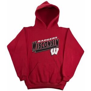 Vintage 90s Wisconsin Badgers Hoodie Red Youth Medium (10-12) Logo 7 Sweatshirt